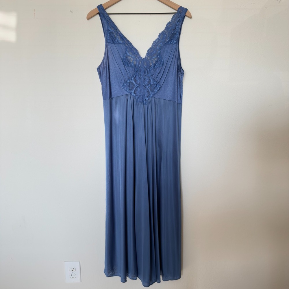 VTG 90s Warners Women Nylon Slip Dress 2X Blue Maxi Lace Trim Fairy Ethereal